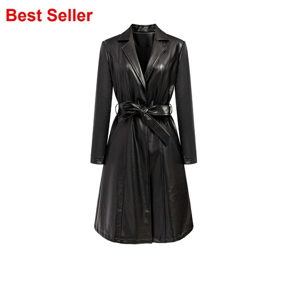 Faux PU Leather Trench Coat Long Sleeve Motorcycle Biker Overcoat